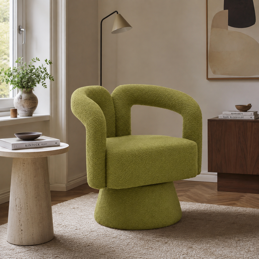 Drehbarer Polsterstuhl, gepolstert mit Bouclé-Stoff, tonnenförmiges Design, Olivgrün