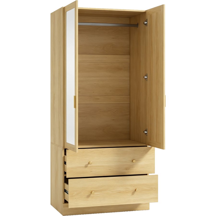 HOMCOM Kleiderschrank für Schlafzimmer mit Spiegel, 2 Schubladen, 2 Türen und Kleiderstange, Kleiderschrank, Ankleideschrank, moderner Stil, 80 x 50 x 180 cm, Eiche Aosom