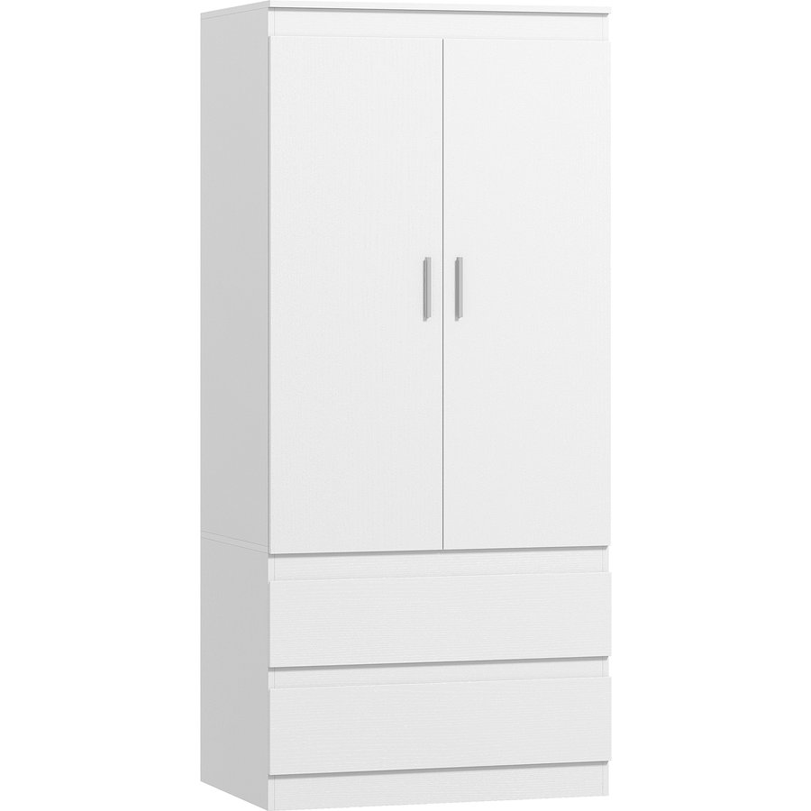 HOMCOM Kleiderschrank mit 2 Soft-Close-Türen Garderobenschrank mit 2 Schubladen, Kleiderstange und 3 Einlegeböden Drehtürenschrank für Schlafzimmer 80 x 55 x 177,5 cm, Weiß Aosom
