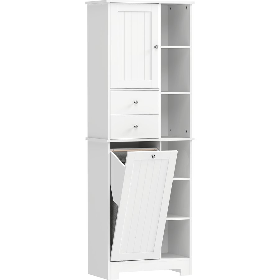 HOMCOM Badezimmerschrank Schmaler Badschrank, Hochschrank mit ausklappbarem Wäschekorb, offenem Fach, 2 Schubladen und Soft-Close-Türen für Badezimmer, Küche, 60 x 28,8 x 171 cm, Weiß Aosom