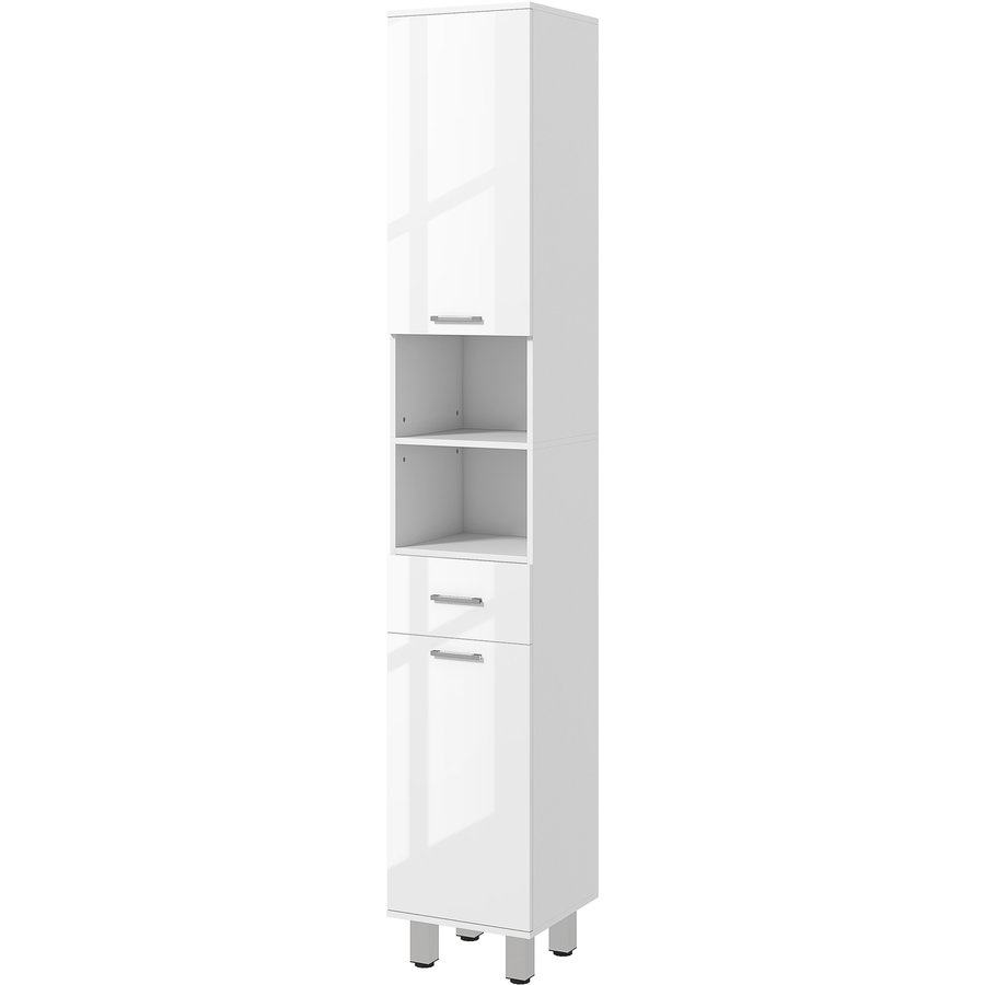 kleankin Badezimmerschrank schmal, Hochschrank Toilettenschrank mit Hochganlzweiß Schublade, Verstellbar Ablage und 2 offenen Fächern, für kleine Räume Badezimmer 30 x 30 x 180 cm Weiß Aosom