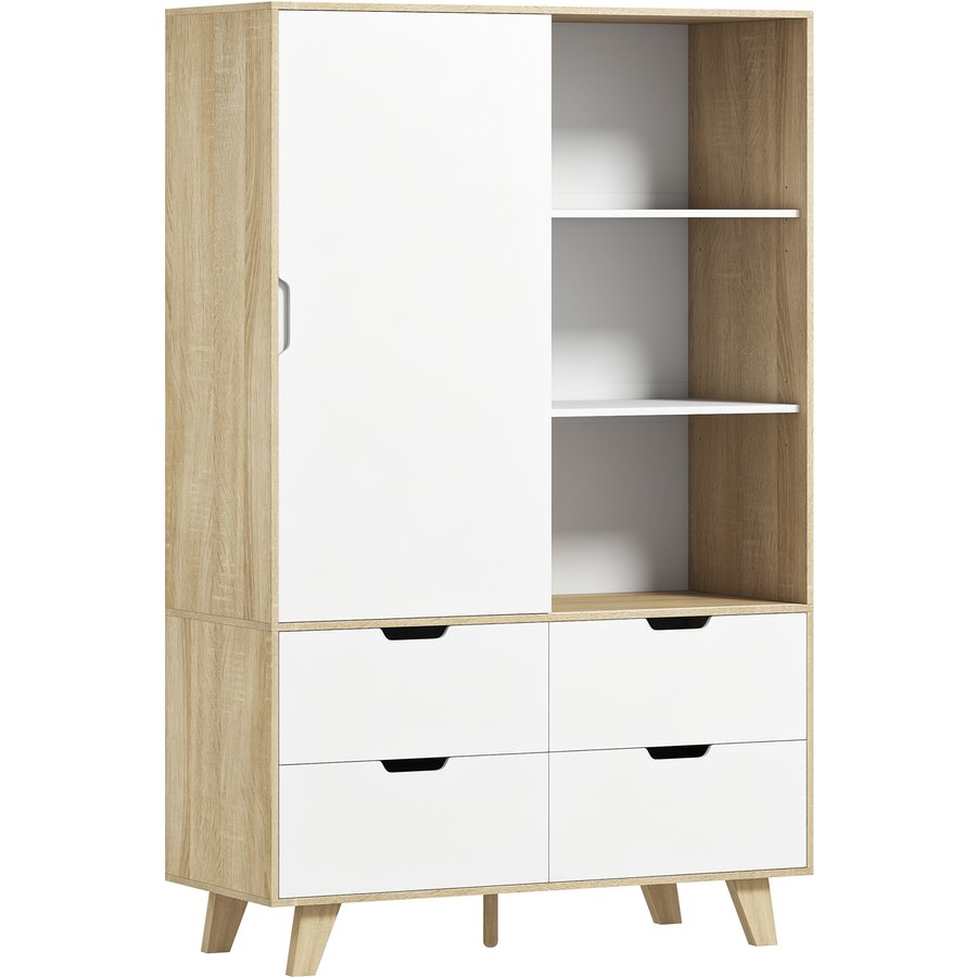 HOMCOM Moderner Kleiderschrank mit Schiebetüren, Kleiderstange, verstellbare Einlegeböden und 4 Schubladen, 120x50x187,5 cm, für Wohnzimmer, Flur, Eiche und Weiß Aosom