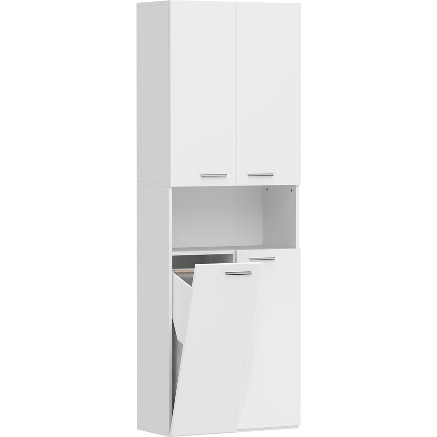 HOMCOM Badezimmerschrank schmaler Badschrank, Hochschrank mit ausklappbarem Wäschekorb, offenem Fach und Soft-Close-Türen für Badezimmer, Küche, 60 x 30 x 174 cm, Weiß Aosom
