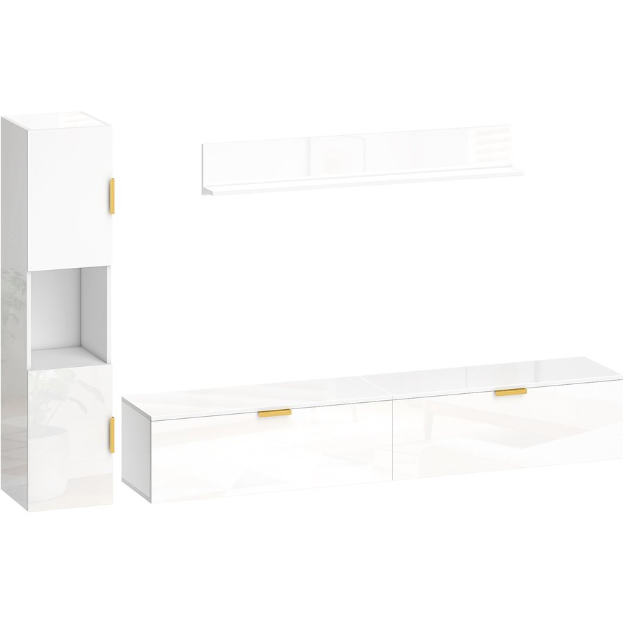 HOMCOM Wohnwand Wohnzimmer mit Wandregal und Aufbewahrungsschrank, 3-teiliges TV Set, Fernsehschrank Fernsehtisch mit Klapptüren, für Fernseher bis 55", Hochglanzweiß Aosom