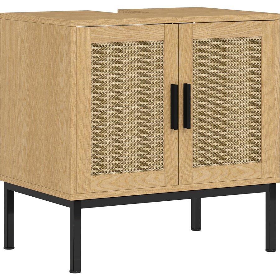 kleankin Waschbeckenunterschrank Unterschrank mit Schrankfach, Waschtischunterschrank mit Rattanoptik, Badunterschrank mit Kippschutz, Eiche, 60 x 39 x 60 cm Aosom