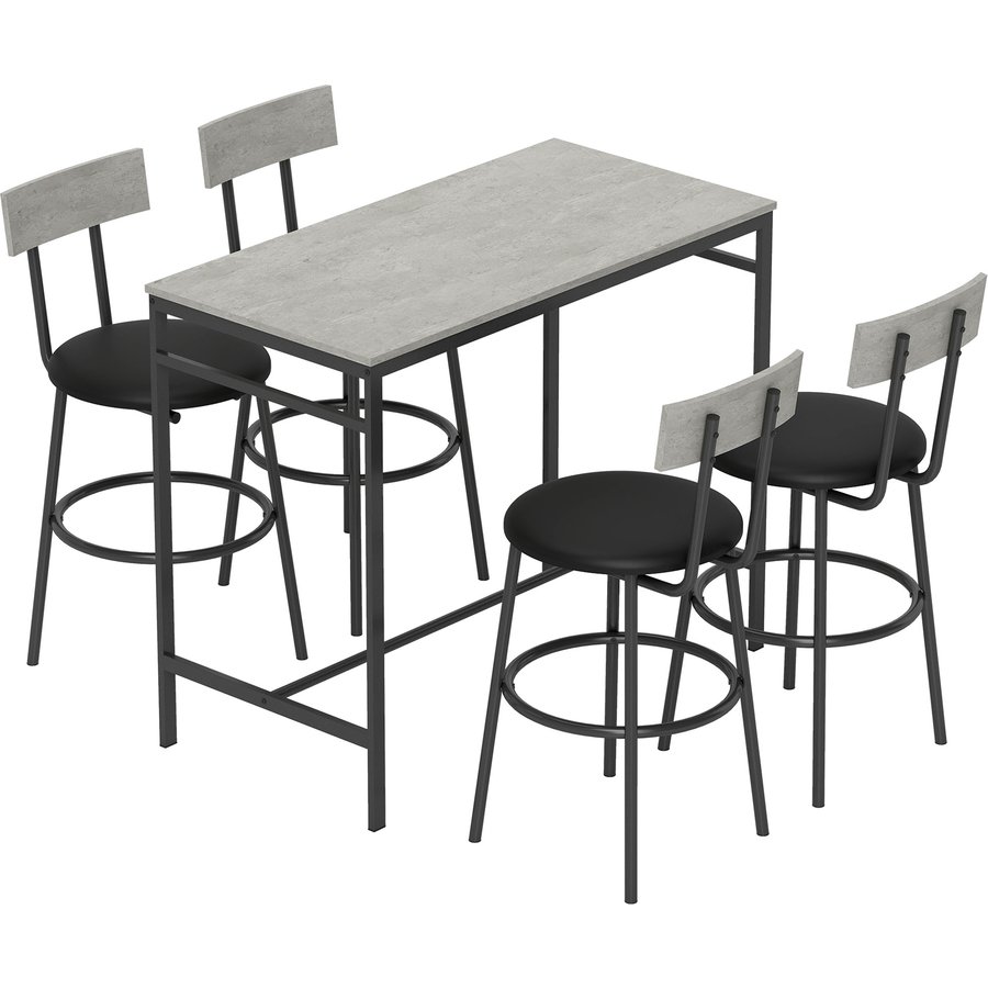 HOMCOM Bartisch mit Barhocker-Set Esstisch mit 4 Stühlen mit Fußstütze, Rückenlehne und Polsterung, Platzsparend Bartisch Set aus Stahl Industrial Küchentisch für Esszimmer, Küche, Hellgrau Aosom