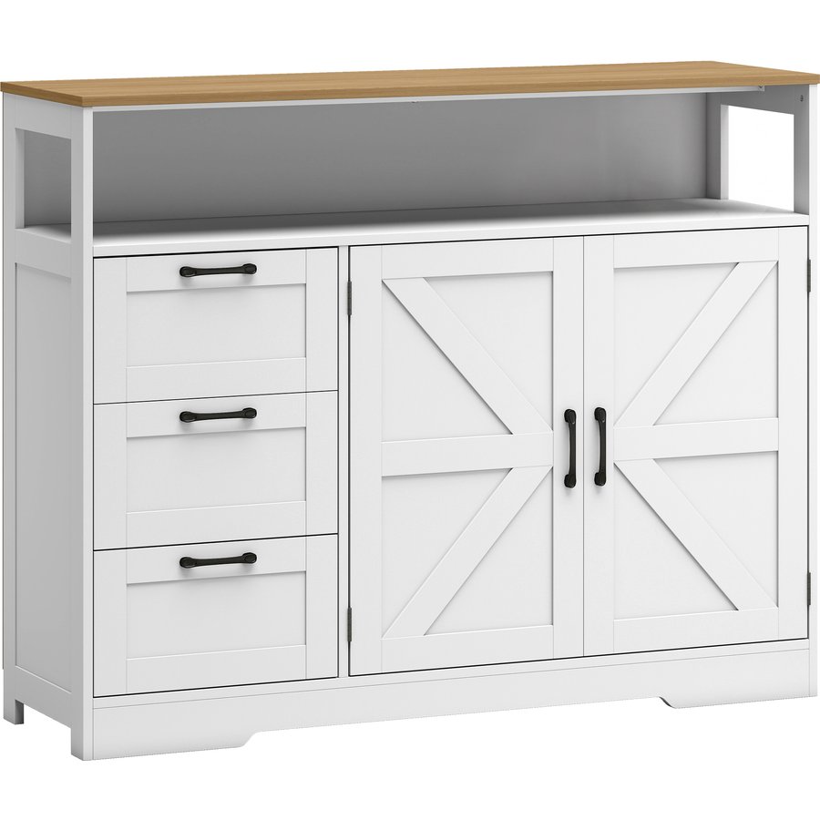 HOMCOM Küchenbuffet, Aufbewahrungsmöbel mit 3 Schubladen, 2 Scheunentüren, Arbeitsfläche und offenem Fach, rustikaler Stil, Buffet für Esszimmer, Wohnzimmer und Schlafzimmer, Weiß und Eiche Aosom