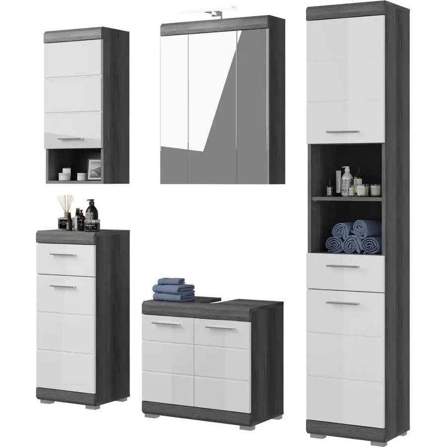 Badmöbel-Set SCHLOONSEE 5 teilig inklusive LED Beleuchtung bestehend aus: Hochschrank WBU Spiegelschrank Unterschrank Hängeschrank Schloonsee, weiß